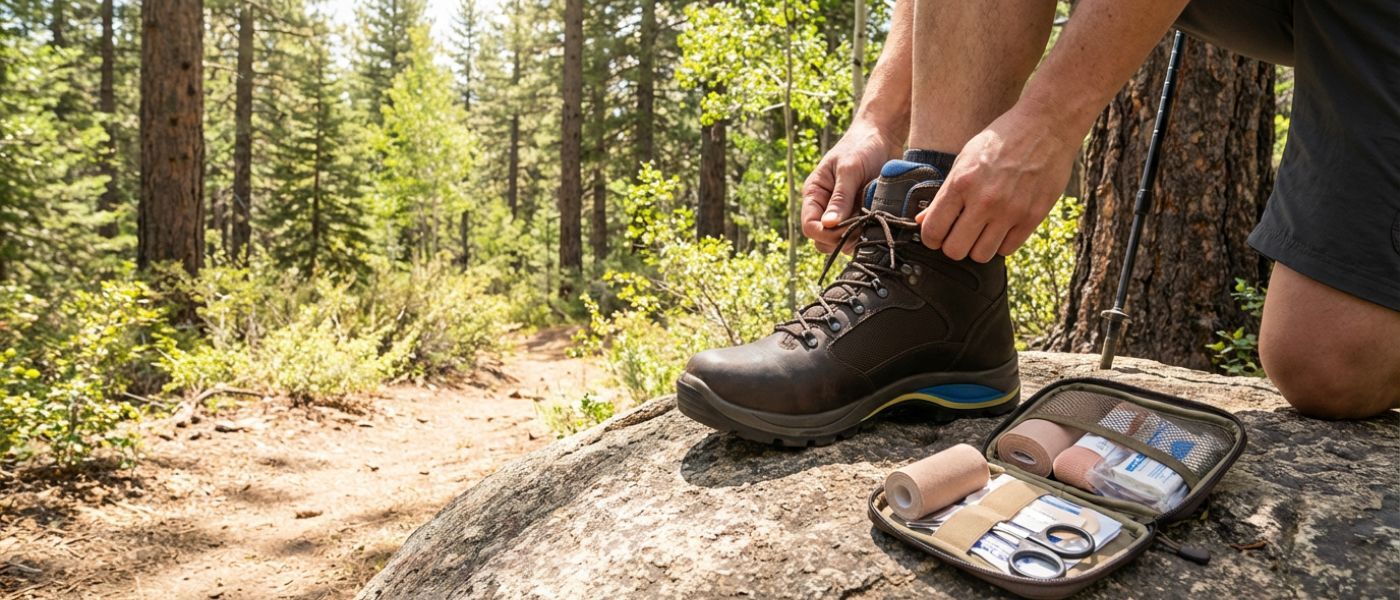 Man lacing walking boots to reduce heel movement and prevent blisters