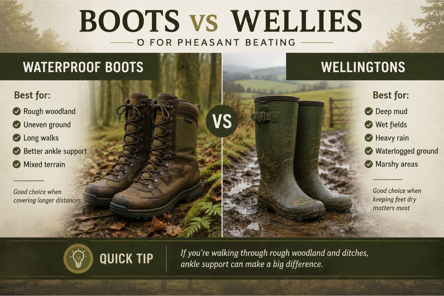 Comparison of waterproof boots and wellingtons for pheasant beating in muddy and rough terrain