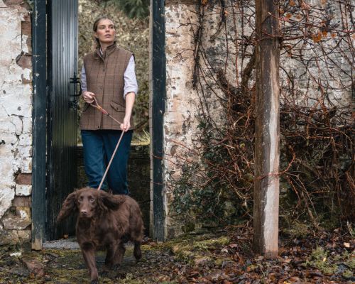 Dog walker wearing Hoggs of Fife Eden technical tweed gilet during outdoor walk