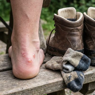 Heel blister on foot showing rubbing point when walking
