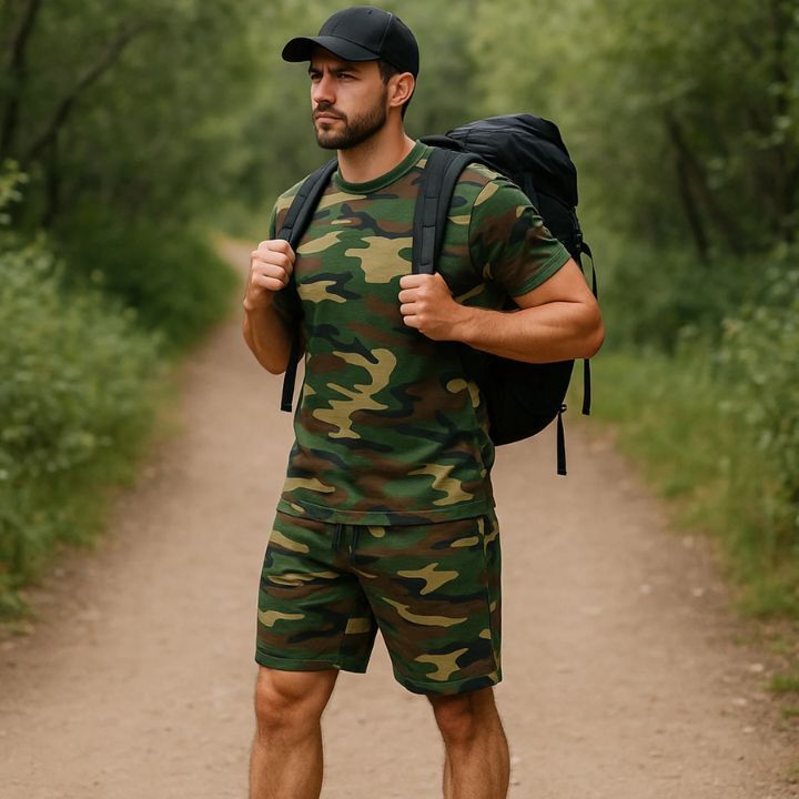 man wearing short sleeve camo t-shirt and camo shorts whilst hiking