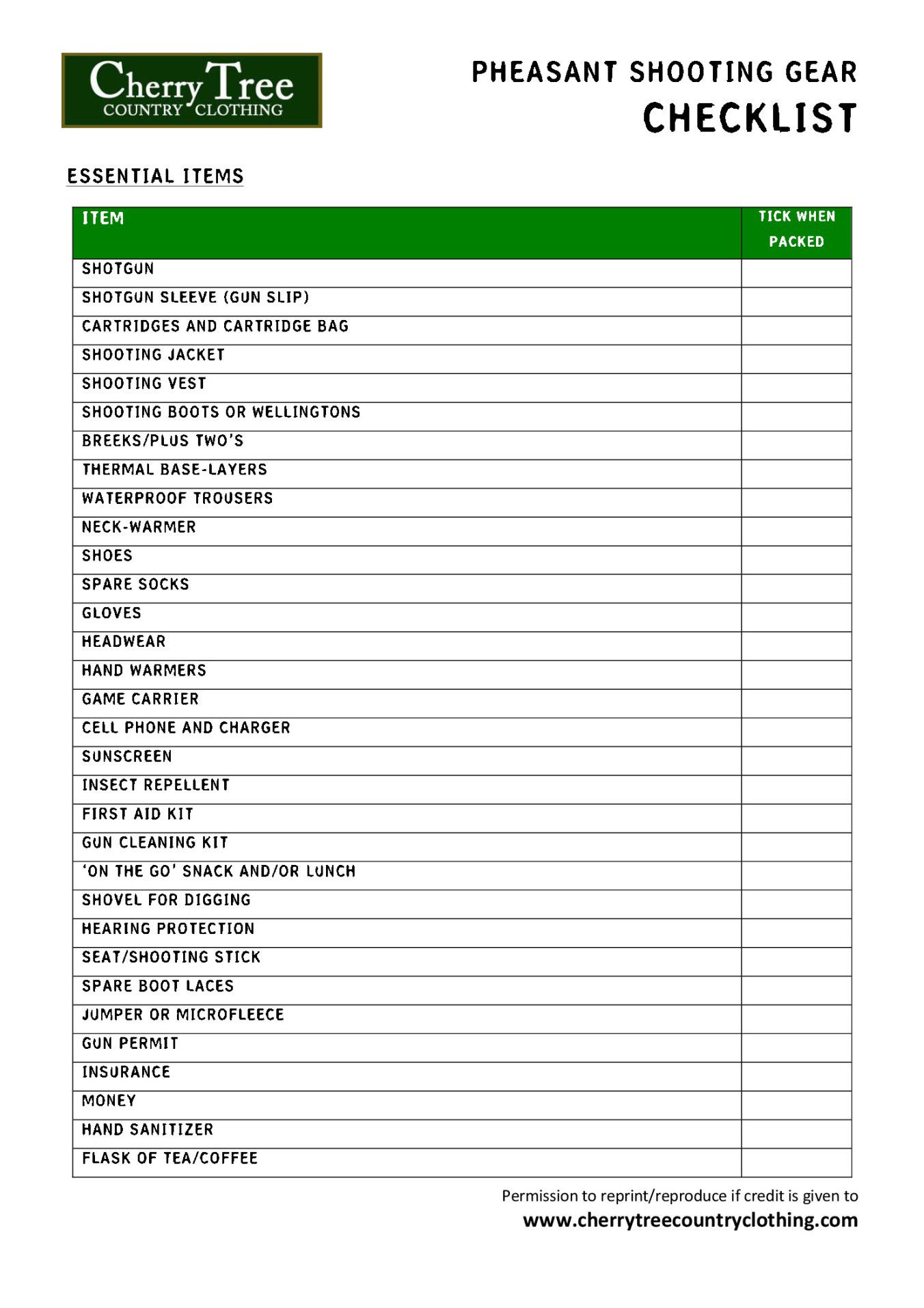 Game Shooting Gear Checklist