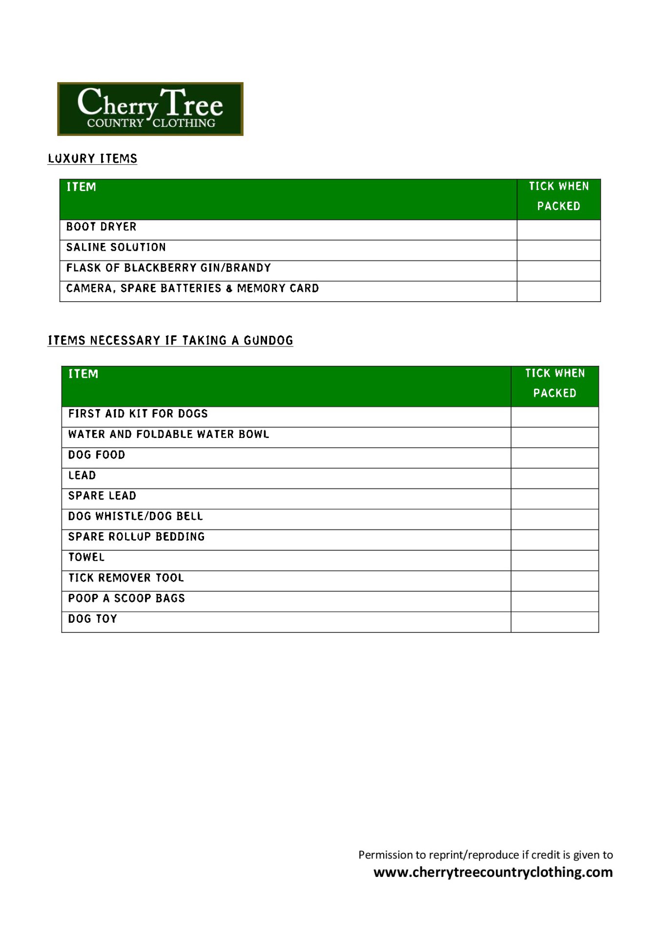 Game Shooting Luxury Checklist