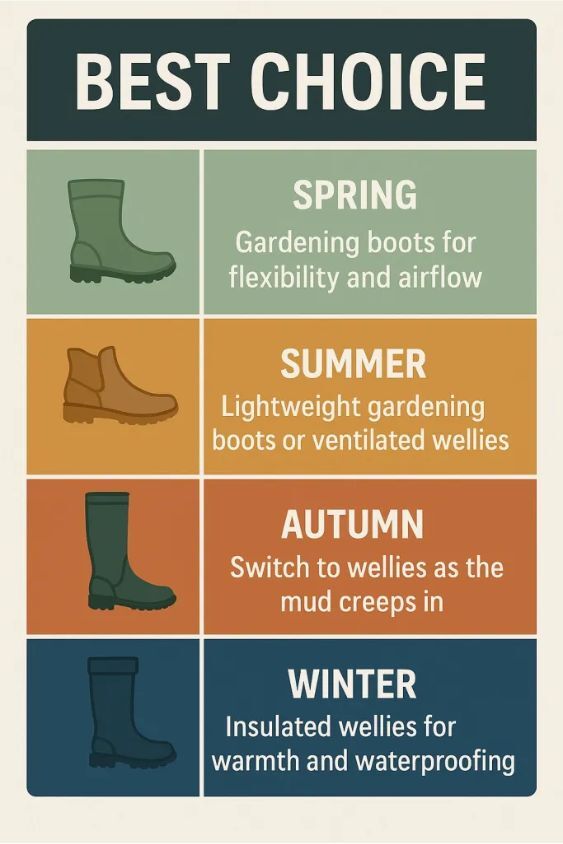 Seasonal guide showing garden boots in spring and summer, and wellies in autumn and winter