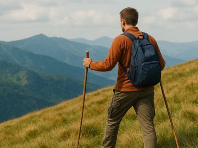 Hiker with two hiking staves on the hills