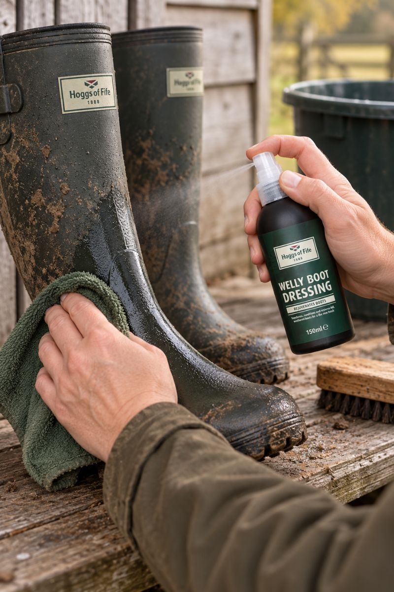 Hoggs of Fife Welly Boot Dressing being used to clean Wellington boots