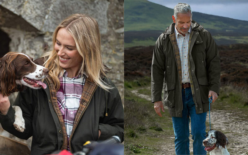 Man and women wearing Hoggs of Fife Kelso Wax Jacket