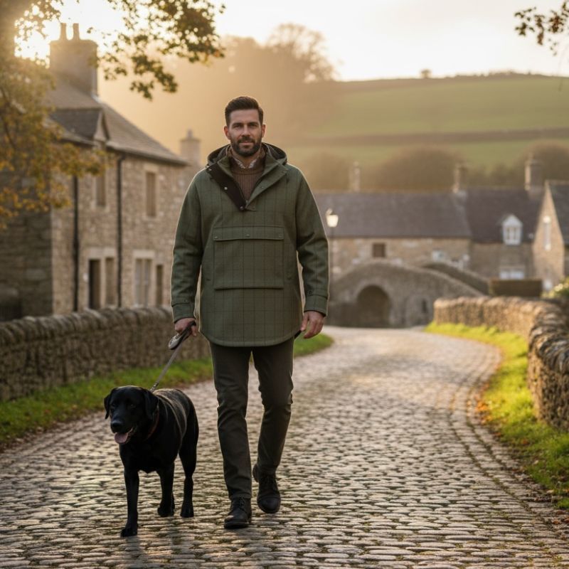 Man wearing waterproof dog walking jacket during rainy countryside walk