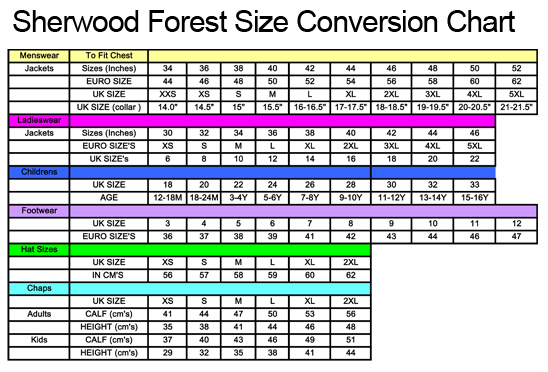 Sherwood Forest Clothing Size Guide