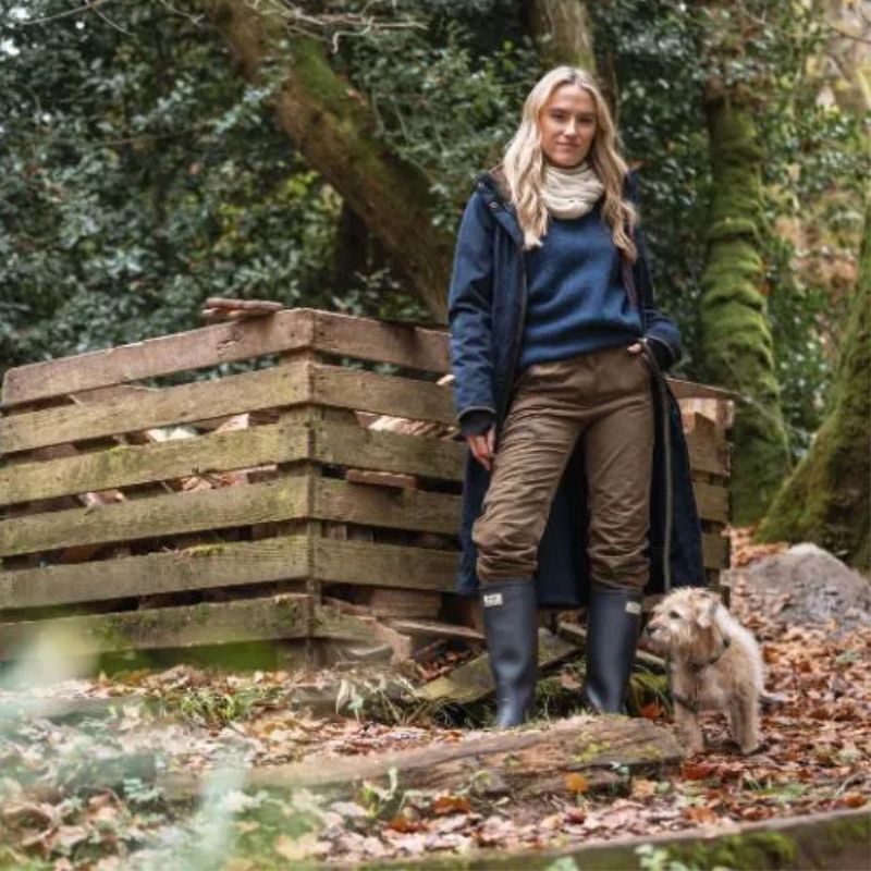 Woman wearing long waterproof dog walking coat in muddy field for winter walks